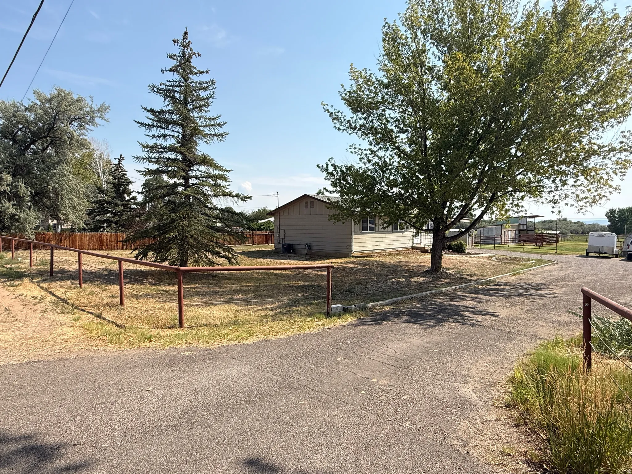 Paved driveway, mature trees, fenced perimeter, and a detached structure