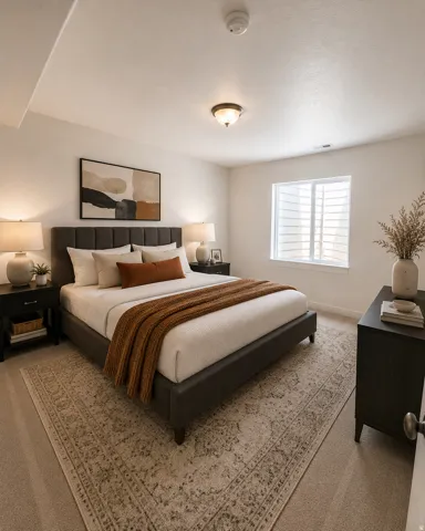 Primary Bedroom featuring a black upholstered bed frame, dual nightstands with integrated lighting, neutral wall-to-wall carpeting anchored by a geometric area rug, and abundant natural light from shuttered windows