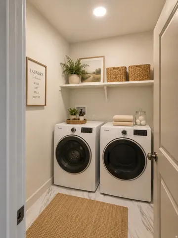 Recessed ceiling lighting, built-in shelving, and marble-finish flooring
