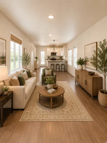 Open-concept design featuring wood-finish flooring, recessed lighting, multiple windows, a kitchen island with seating, and white cabinetry