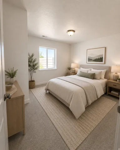 Neutral wall paint and carpeted flooring