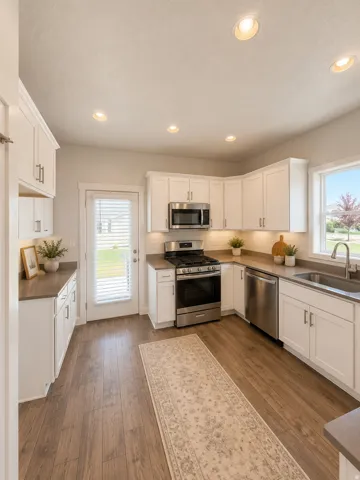 Bright, chef's kitchen featuring white cabinetry, stainless steel appliances including a gas range and built-in microwave, wood-finish flooring, recessed lighting, and a large center island with a wood countertop