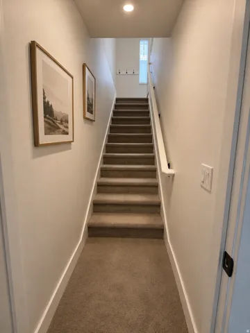 Carpeted staircase with white handrail and recessed ceiling lighting