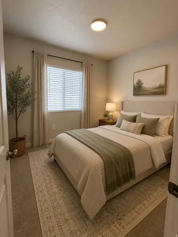Serene primary bedroom featuring a neutral color palette, recessed ceiling lighting, plantation shutters on the window, neutral bedding with layered textures, wood-finish nightstands with task lighting, framed landscape artwork, and neutral area rug ancho
