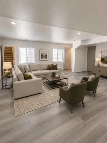 Recessed lighting, wood-finish flooring, multiple windows, and a built-in staircase