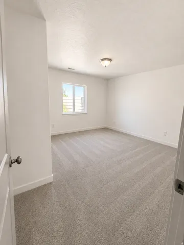 Neutral tone carpeting, white painted walls, ceiling-mounted light fixture, and a window with white trim