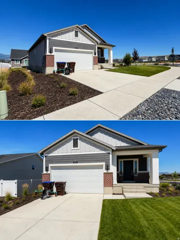 Residential Property Listing. Dual-angle exterior photography showcasing the front elevation and driveway approach of the property