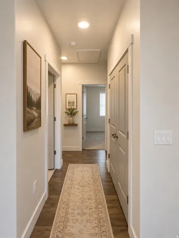Hallway featuring wood-finish flooring, recessed ceiling lighting, and multiple white six-panel doors