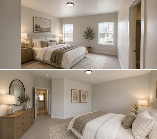 Residential Bedroom Interior. Two perspectives of a primary bedroom suite featuring furnishings, window treatments, lighting fixtures, and flooring materials