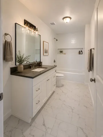 White shaker-style vanity with dark countertop, large framed mirror, and a five-light vanity fixture