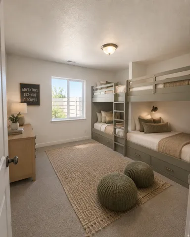 Recessed bunk beds with integrated storage drawers, light-colored carpeting, a window with natural light, a built-in wall sconce, and a semi-flush mount ceiling fixture