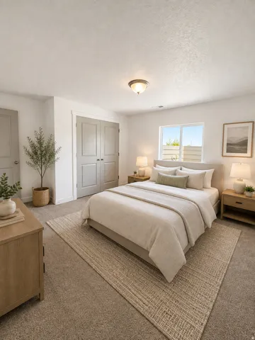 Gray paneled doors, neutral carpeting, a large window, and a flush mount ceiling light fixture