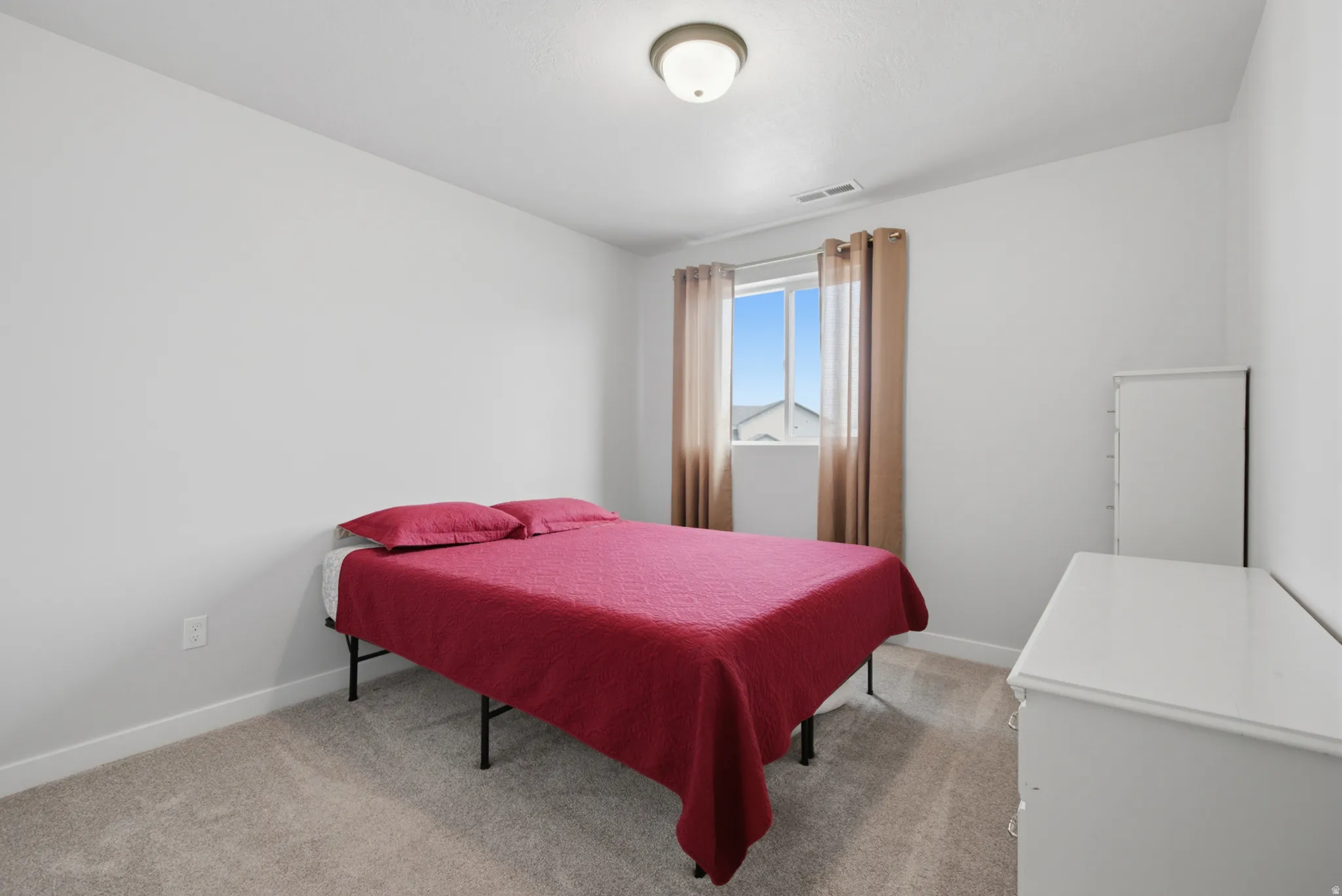 Neutral wall color, window with natural light, wall-to-wall carpeting, overhead flush mount light fixture