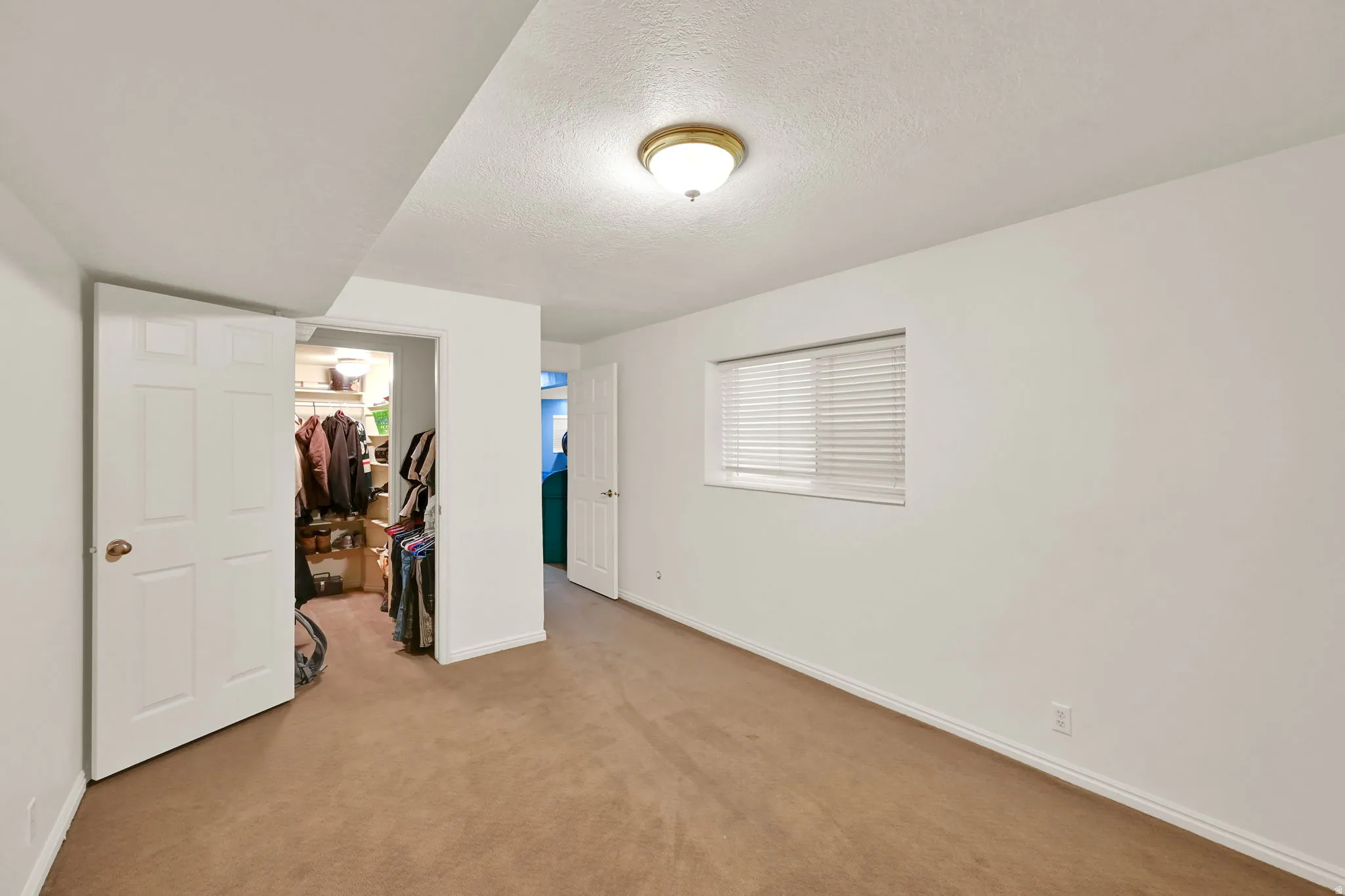 Spacious bedroom featuring neutral wall finishes, wood-finish flooring, abundant natural light from a horizontal window, and direct access to a walk-in closet with built-in storage and hanging rods