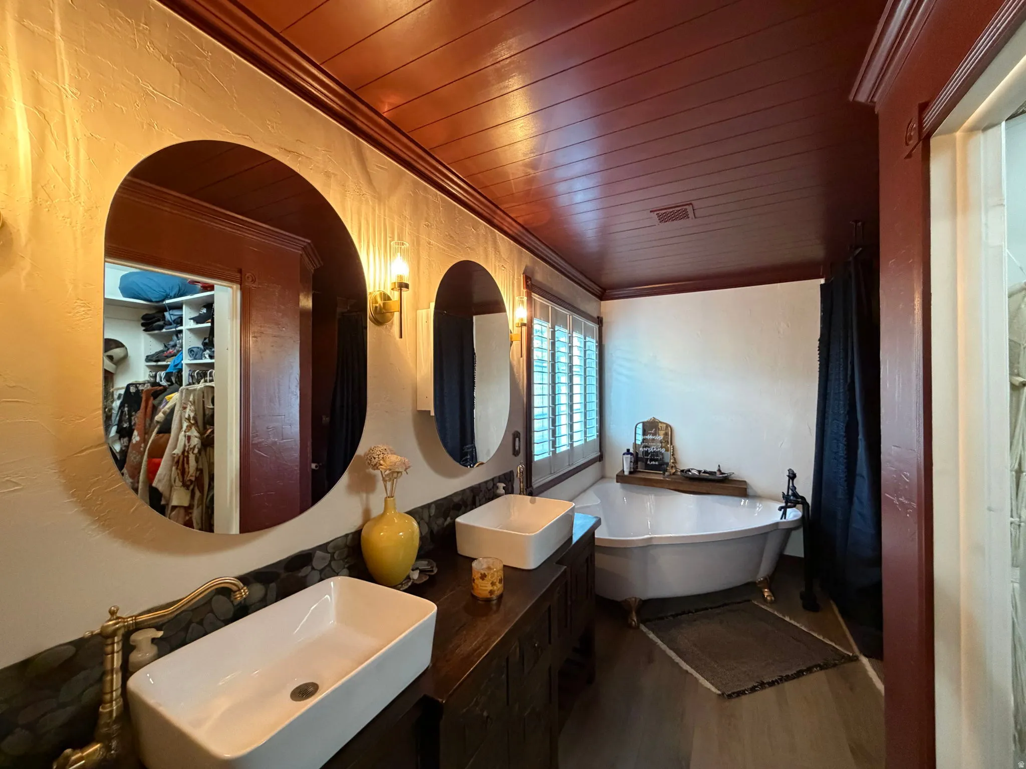 Dual rectangular vessel sinks with brass fixtures