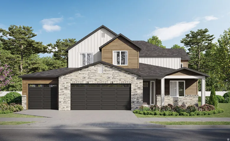 Modern two-story residence featuring a multi-textured facade with stone veneer, horizontal siding, and vertical board-and-batten accents