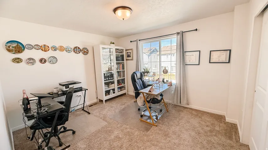 Warm neutral carpeting, white interior walls, and a multi-pane window with dark curtain rod