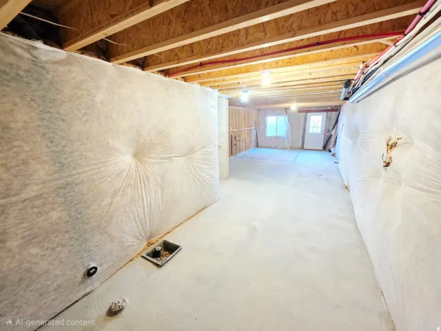 Unfinished basement with exposed ceiling joists, concrete flooring, and insulated perimeter walls
