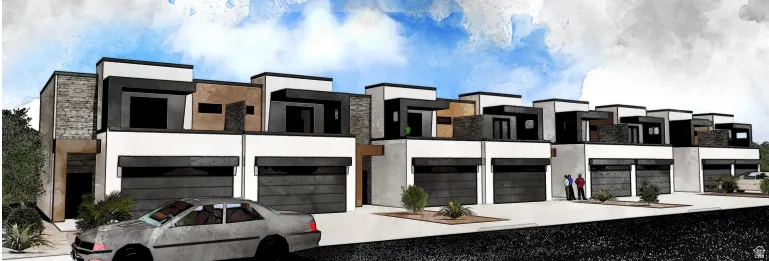 Multi-story residences featuring contemporary architecture, integrated garages, and varied facade materials including stone accents