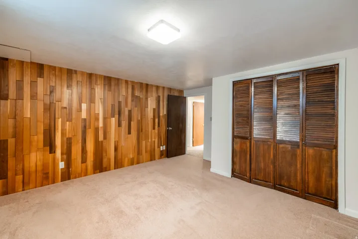 Wood-paneled accent wall, neutral carpeting, and louvered bi-fold doors