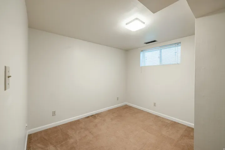 Carpeted flooring, recessed window with blinds, surface-mounted ceiling light fixture, and white painted walls