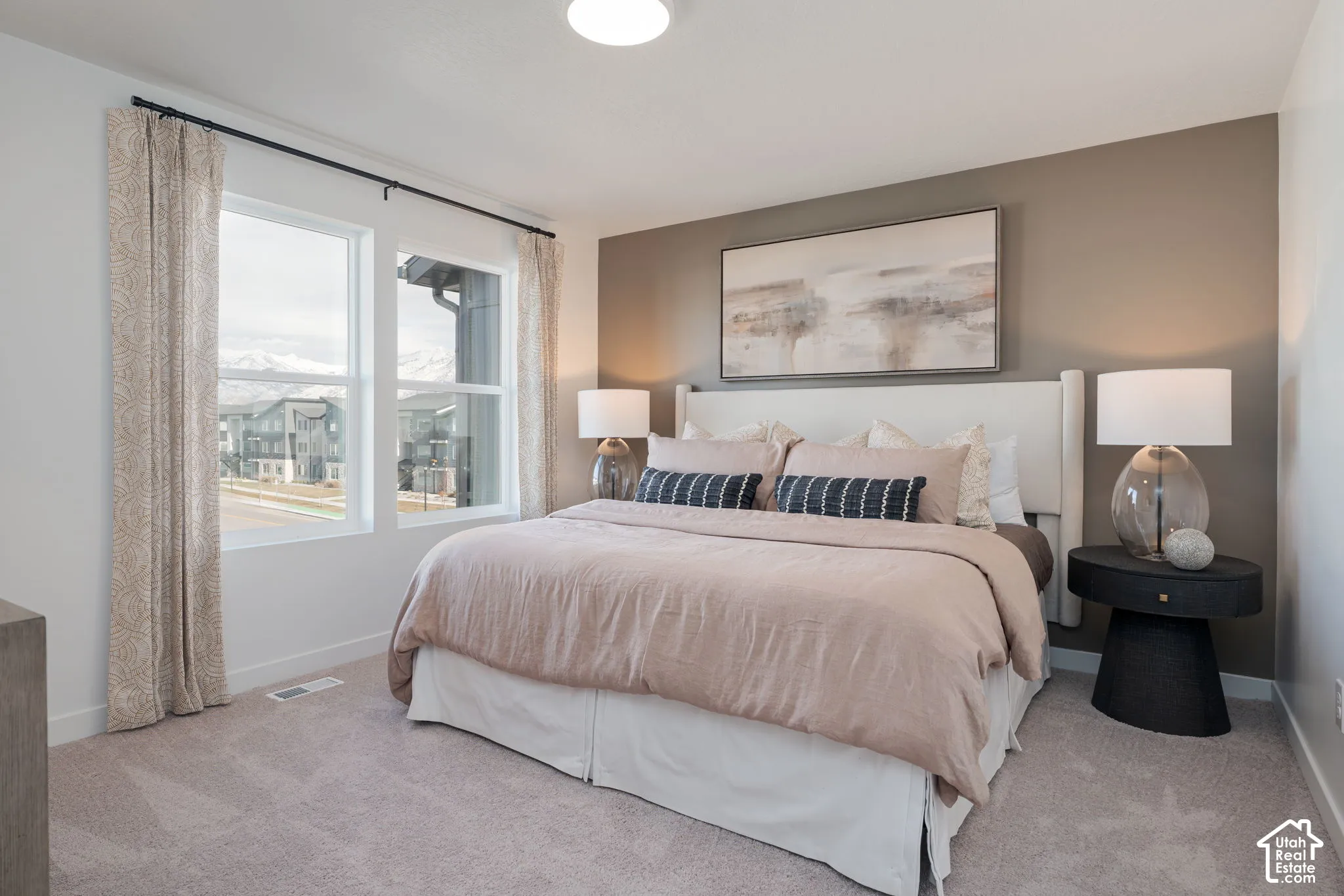 Two large windows, plush carpet flooring, a two-tone wall finish, and a ceiling-mounted light fixture