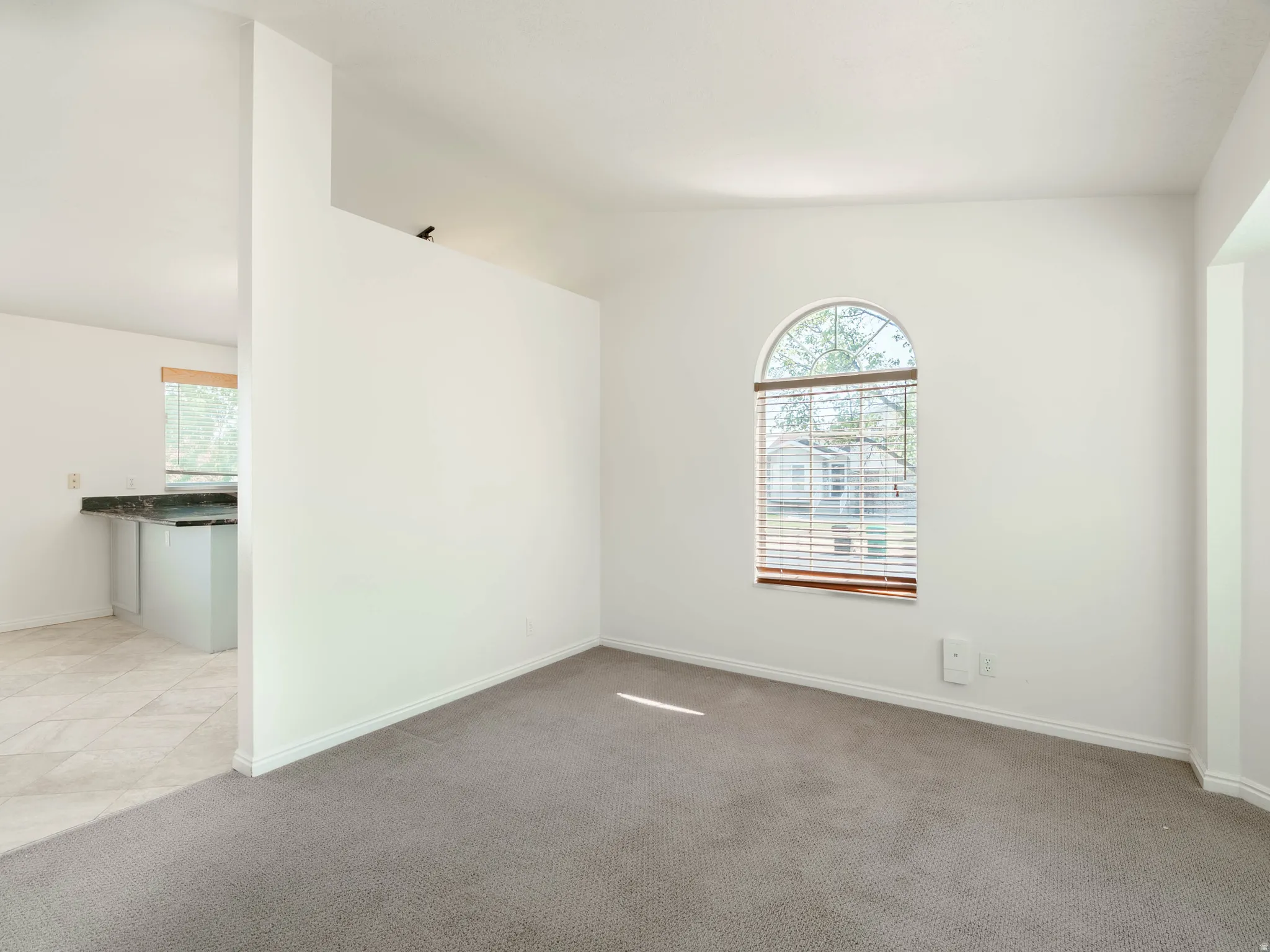 Arched window with blinds, carpeted flooring, tile flooring, built-in cabinetry, and a countertop