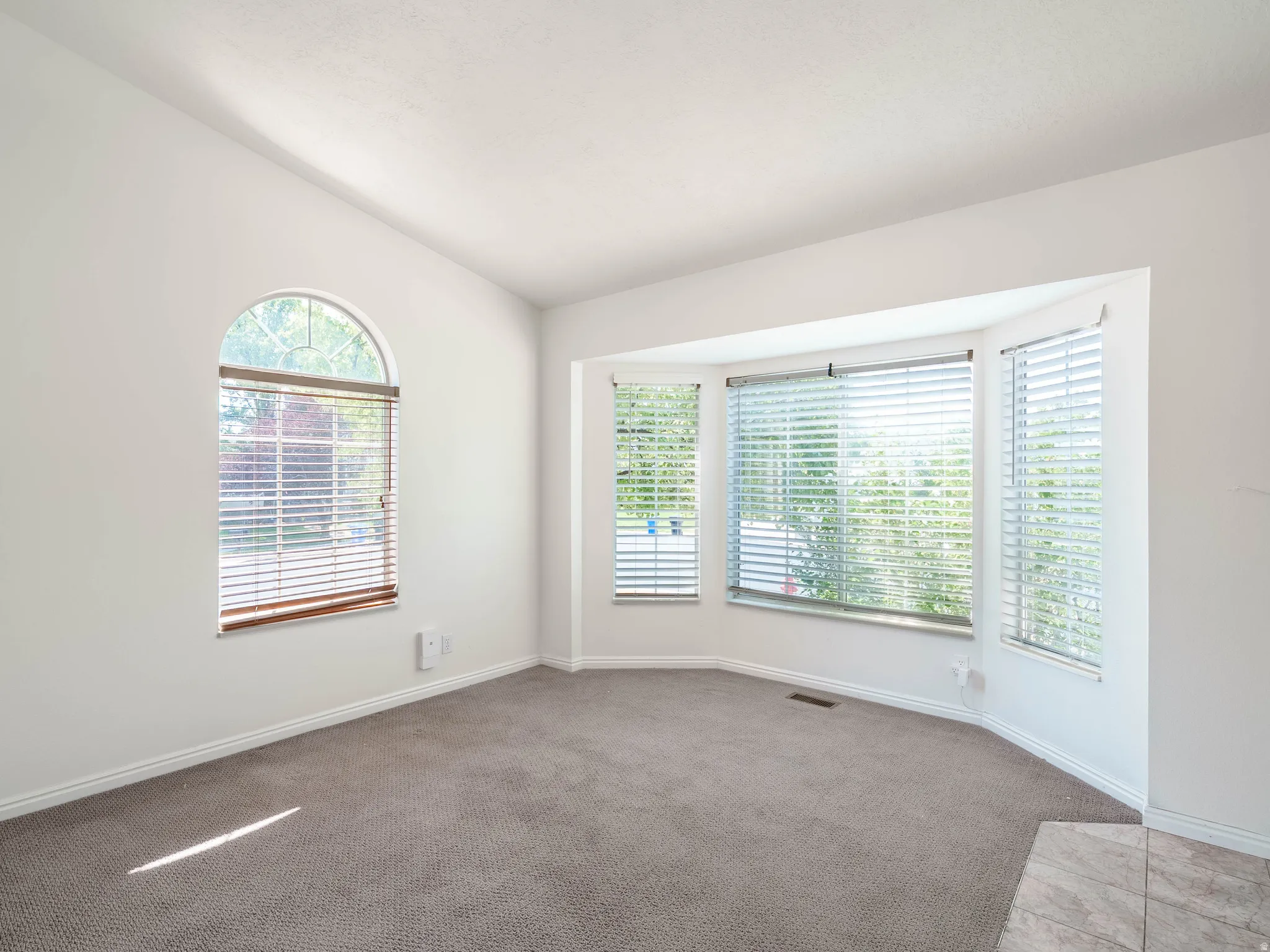 Recessed lighting, arched window, bay window, white walls, gray carpet flooring