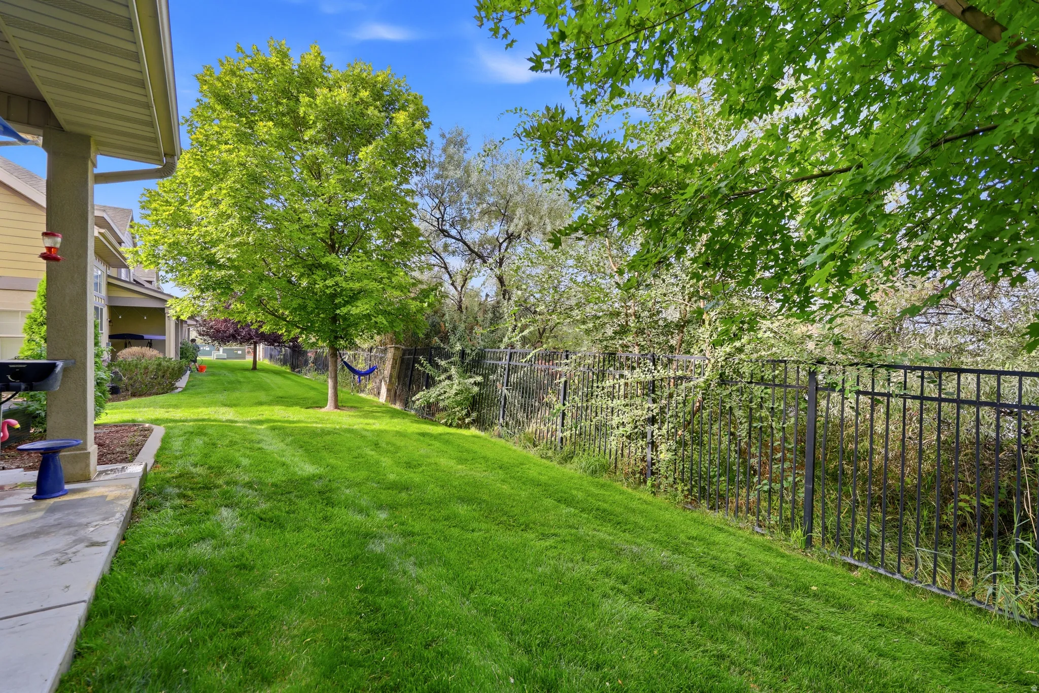 Expansive lawn with mature trees and a black metal fence
