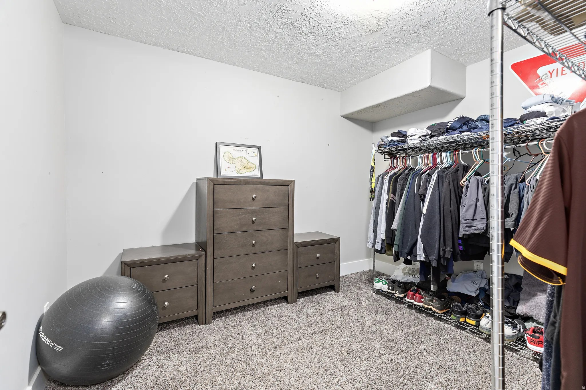 Carpeted flooring, white wall paint, and exposed ductwork