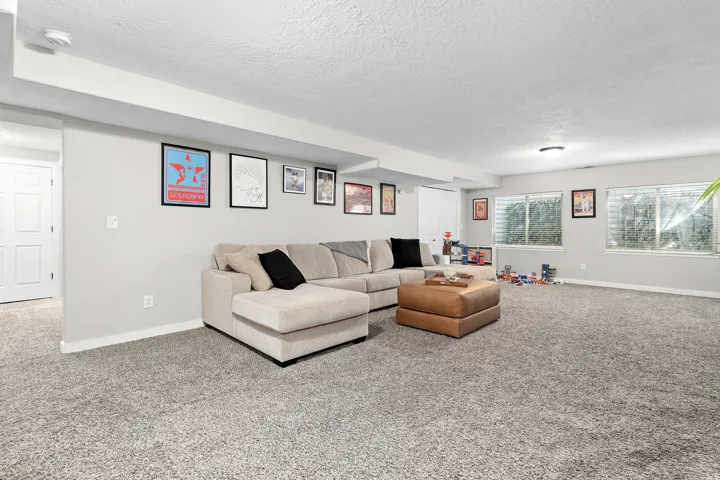 Spacious room with gray wall paint and complementary gray carpet flooring