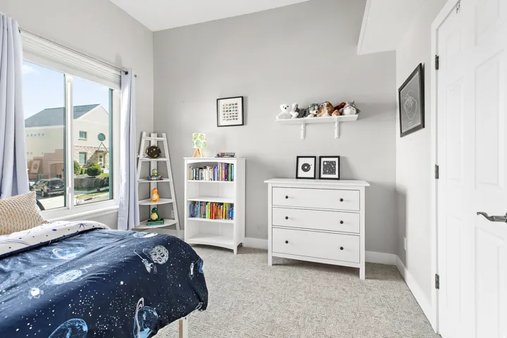 Carpeted flooring, light grey walls, and a white paneled door