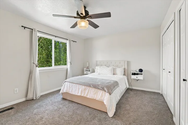 Recessed window with exterior scenery, overhead ceiling fan, and carpet flooring