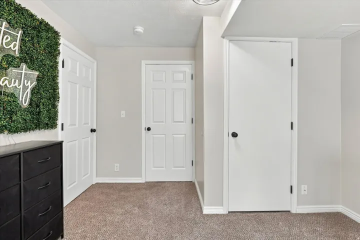 Neutral tone wall paint, white trim, and white paneled doors