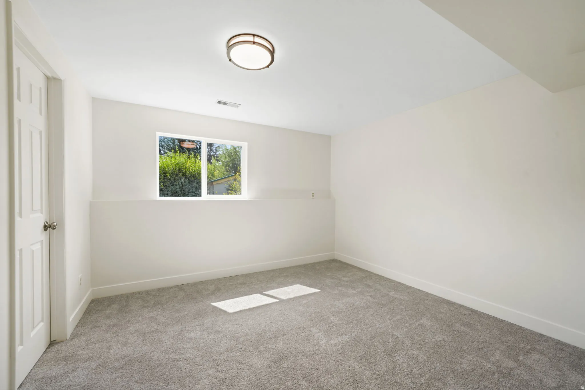 3rd basement bedroom, Recessed window with exterior greenery, flush-mount ceiling light, white panel door with chrome hardware, and New gray carpeting