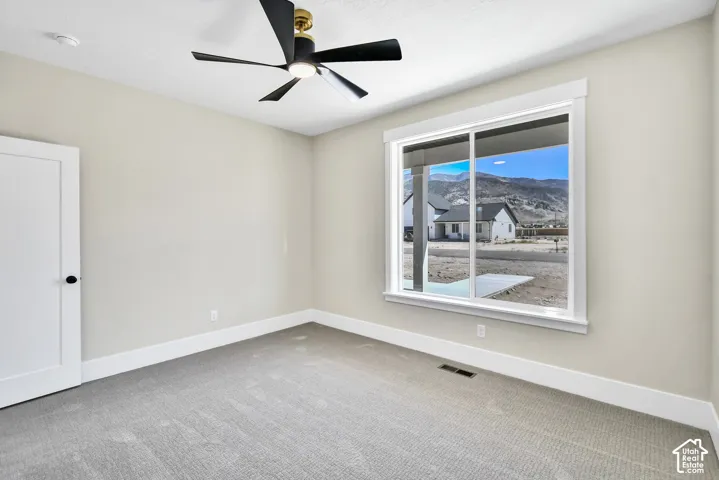 Neutral wall paint, carpeted flooring, a ceiling fan with integrated lighting, a sliding window, and a flat-panel interior door with matte black hardware