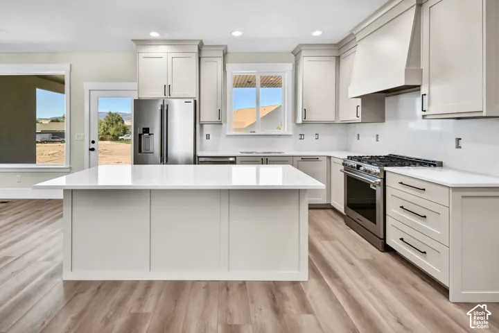 Kitchen featuring an expansive island with a white countertop, light-toned cabinetry, stainless steel appliances, and wood-finish flooring