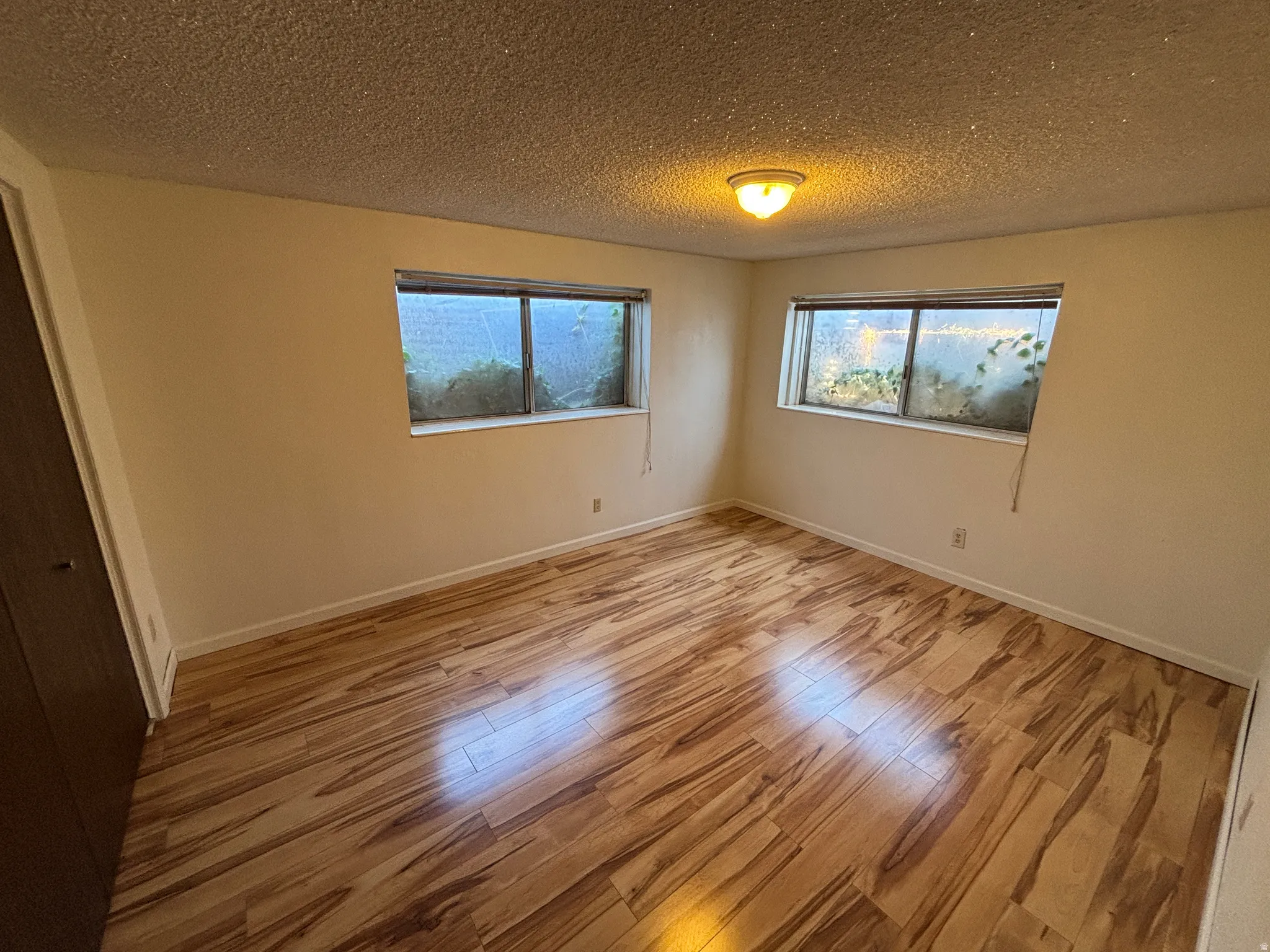 Wood-finish flooring throughout, two windows, and a flush mount light fixture