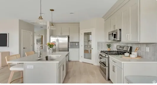 Kitchen featuring a central island with sink, stainless steel appliances, light-toned cabinetry, a tiled backsplash, and wood-finish flooring. This home is under construction. Pictures are of a similar home.