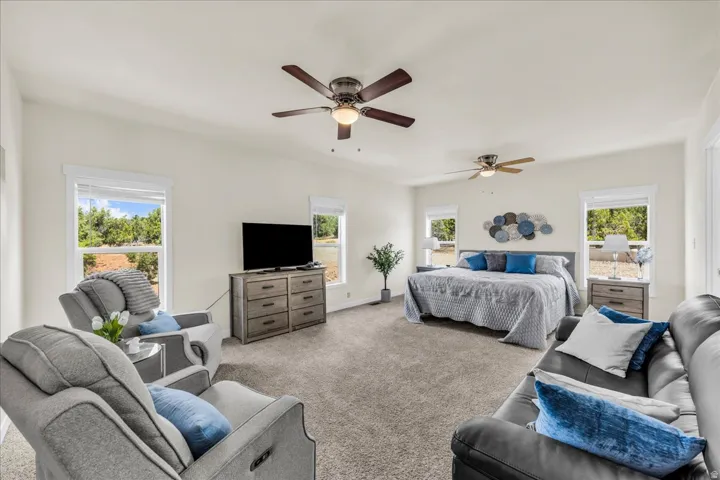 Vaulted ceilings, two ceiling fans, numerous windows, and plush carpeting