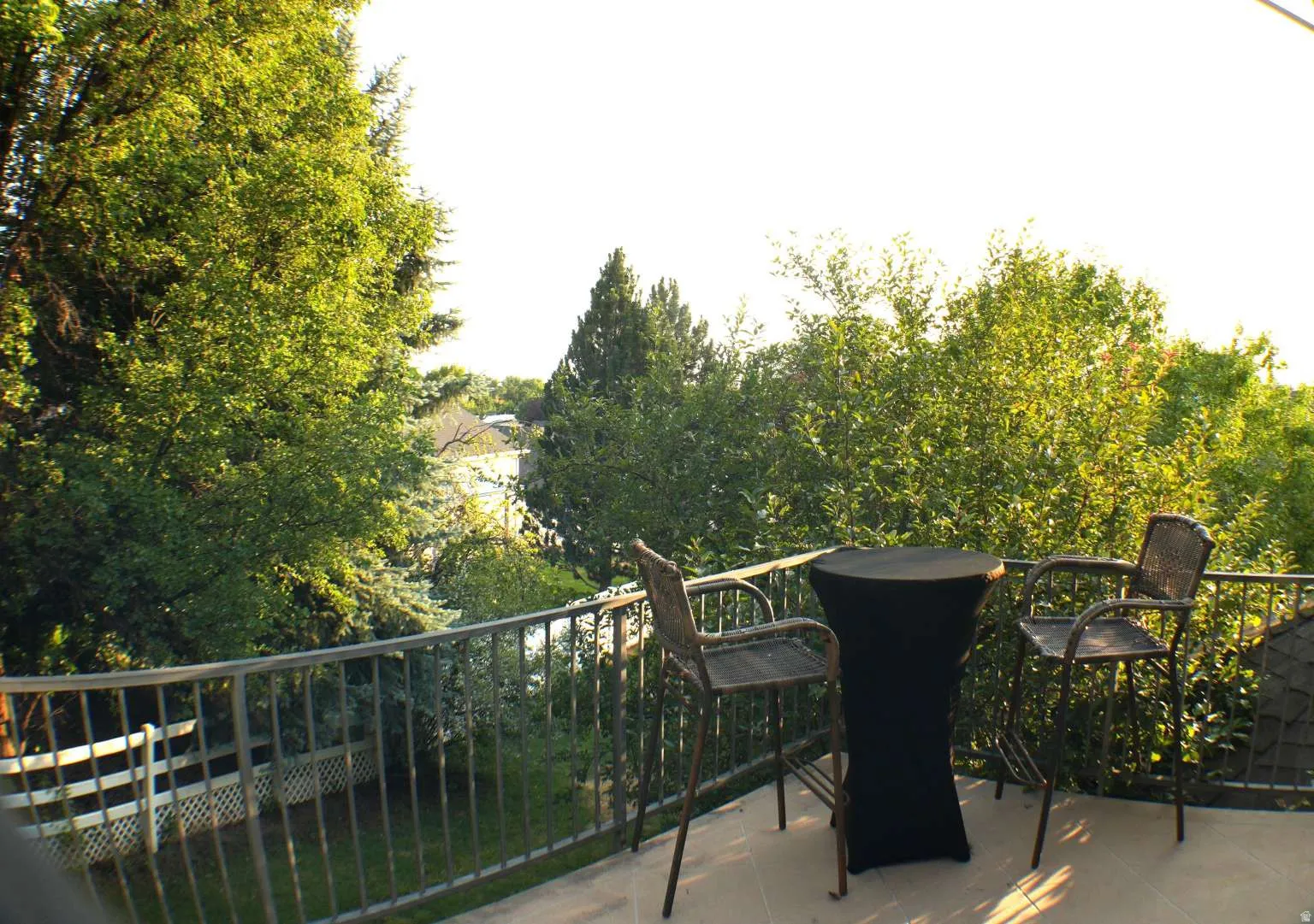 Outdoor balcony with a metal railing and mature tree surroundings