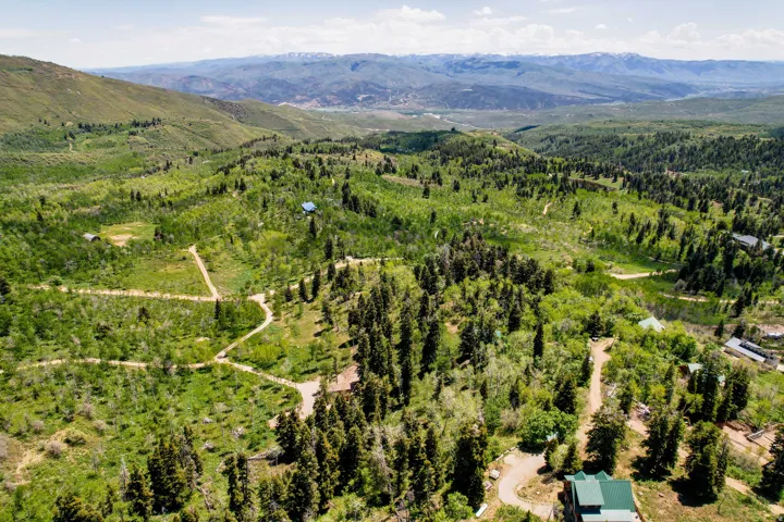 Expansive mountainous terrain featuring diverse tree cover, visible dirt roads, and distant snow-capped peaks