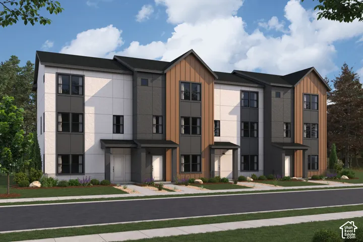 Contemporary multi-level townhome featuring a mixed-material facade, dark-frame windows, and individual covered entryways