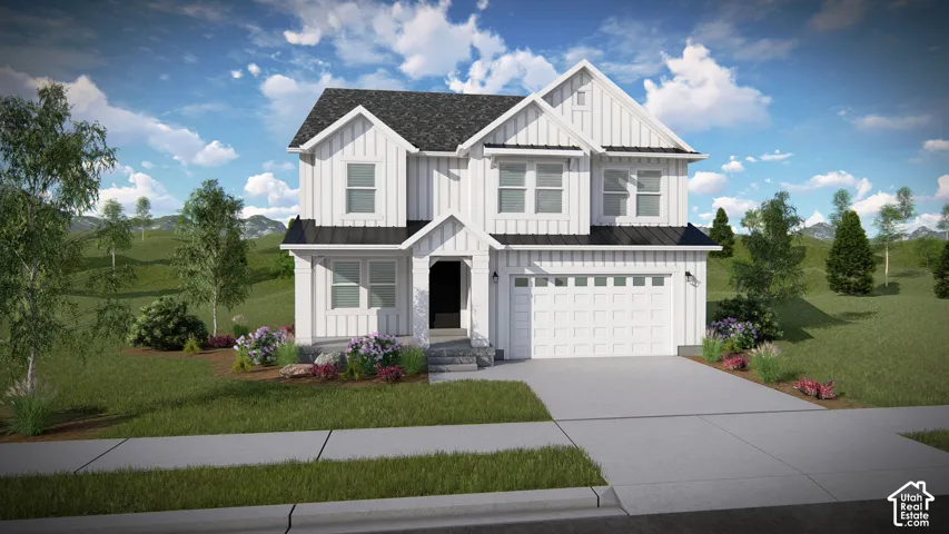 Modern farmhouse exterior with white board and batten siding, black accent roofing, and an integrated two-car garage