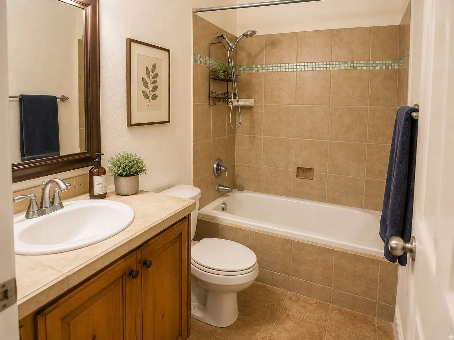 Bathroom featuring a wood-finish vanity with an integrated sink and a framed mirror