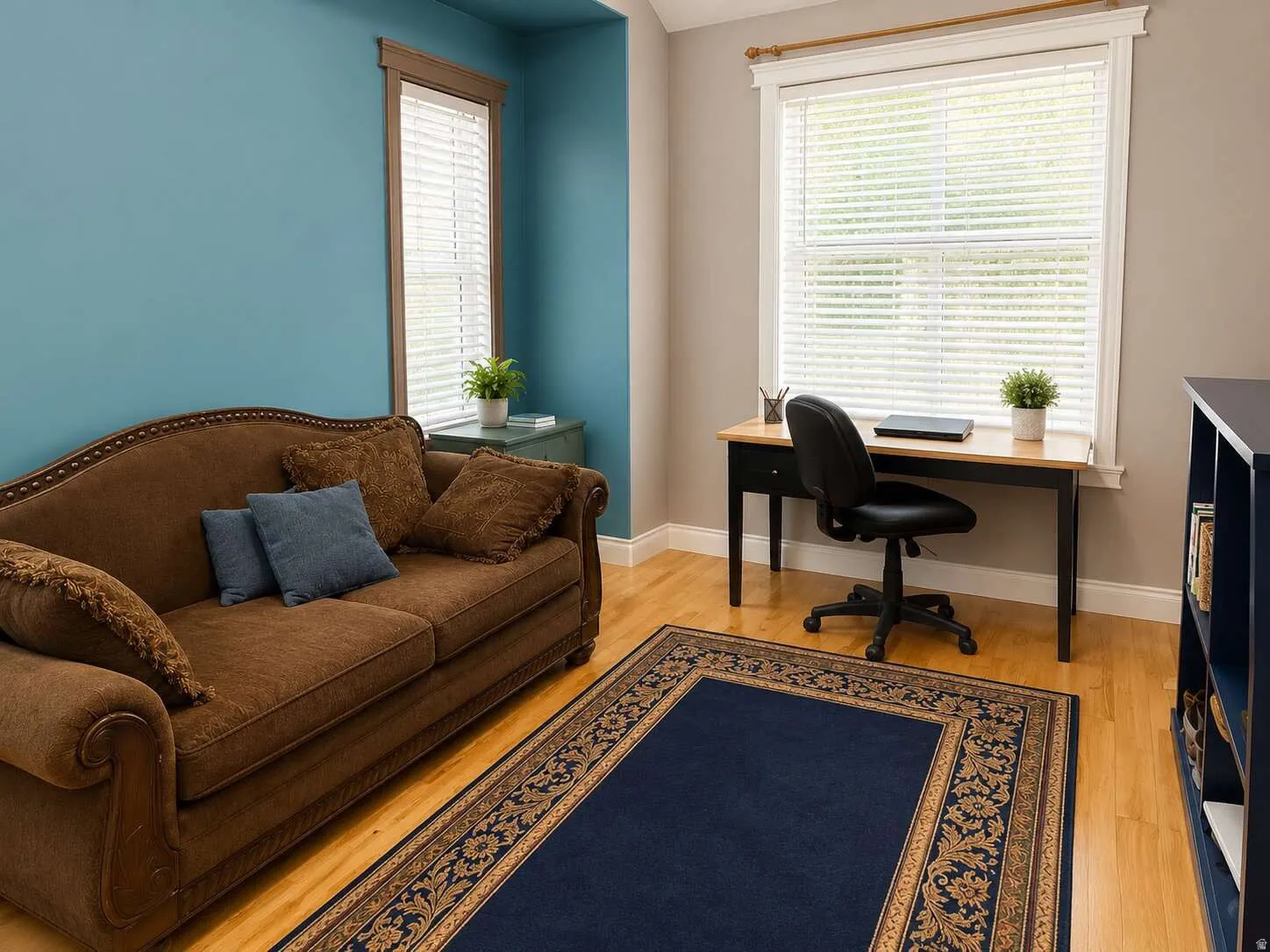 Hardwood-finish flooring throughout, featuring a window with white blinds and a built-in shelf