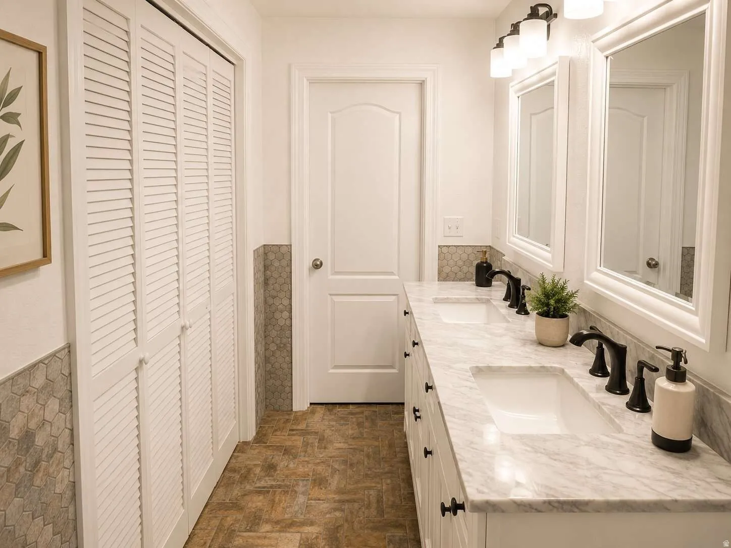 Double vanity with white cabinetry and integrated sinks