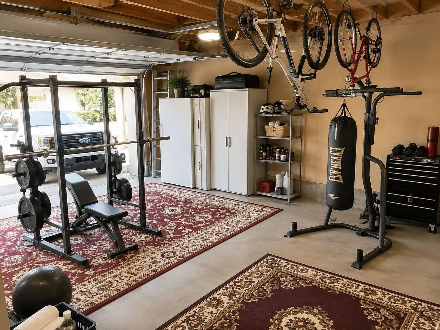 Concrete flooring with exposed wood ceiling joists