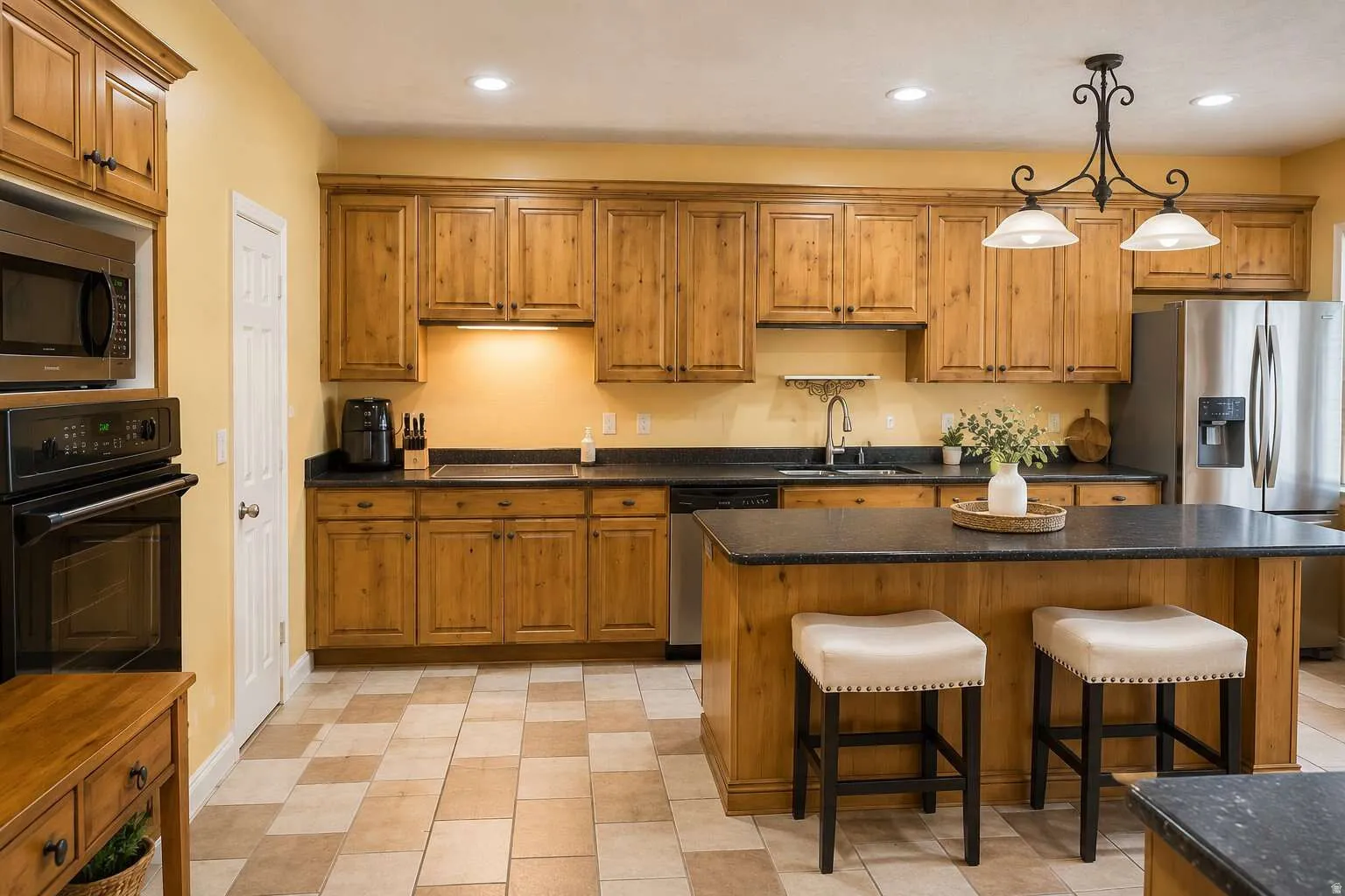Wood-finish cabinetry, dark countertops, integrated stainless steel appliances, recessed ceiling lighting, and a two-tiered island with pendant lighting