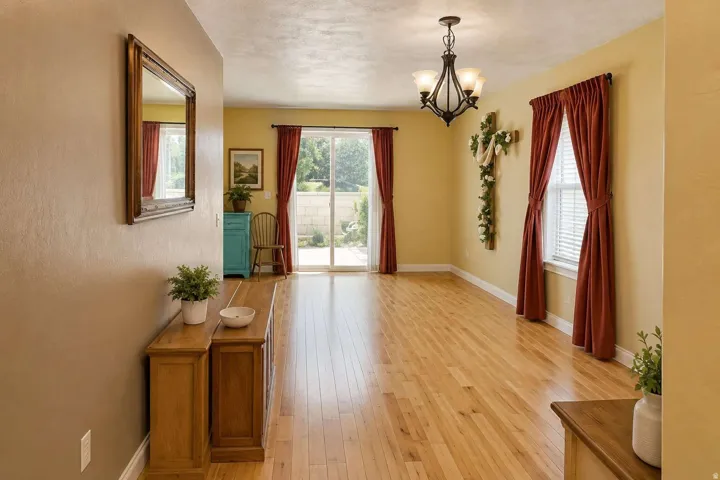 Hardwood flooring throughout, with a glass sliding door providing access to the outdoors